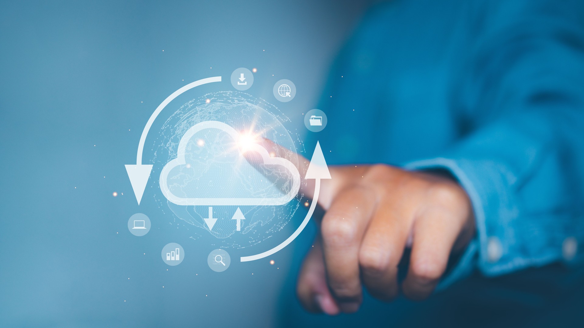 Businessman access cloud computing technology. Data storage security online.